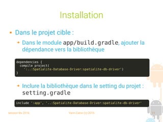 session fev 2016 Yann Caron (c) 2016 11
Installation
 Dans le projet cible :
➔ Dans le module app/build.gradle, ajouter la
dépendance vers la bibliothèque
➔ Inclure la bibliothèque dans le setting du projet :
setting.gradle
include ':app', '..:Spatialite-Database-Driver:spatialite-db-driver'
dependencies {
compile project(
':..:Spatialite-Database-Driver:spatialite-db-driver')
}
 