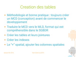session fev 2016 Yann Caron (c) 2016 15
Creation des tables
 Méthodologie et bonne pratique : toujours créer
un MCD (conception) avant de commencer le
developpement
 Traduire le MCD vers le MLD, format qui est
compréhensible dans le SGBDR
 Créer les tables et leurs jointures
 Créer les indexes
 Le “+” spatial, ajouter les colonnes spatiales
 
