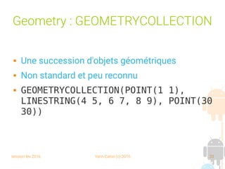 session fev 2016 Yann Caron (c) 2016 33
Geometry : GEOMETRYCOLLECTION
 Une succession d'objets géométriques
 Non standard et peu reconnu
 GEOMETRYCOLLECTION(POINT(1 1),
LINESTRING(4 5, 6 7, 8 9), POINT(30
30))
 