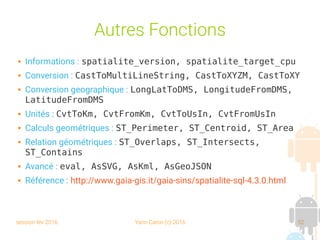session fev 2016 Yann Caron (c) 2016 52
Autres Fonctions
 Informations : spatialite_version, spatialite_target_cpu
 Conversion : CastToMultiLineString, CastToXYZM, CastToXY
 Conversion geographique : LongLatToDMS, LongitudeFromDMS,
LatitudeFromDMS
 Unités : CvtToKm, CvtFromKm, CvtToUsIn, CvtFromUsIn
 Calculs geométriques : ST_Perimeter, ST_Centroid, ST_Area
 Relation géométriques : ST_Overlaps, ST_Intersects,
ST_Contains
 Avancé : eval, AsSVG, AsKml, AsGeoJSON
 Référence : http://www.gaia-gis.it/gaia-sins/spatialite-sql-4.3.0.html
 
