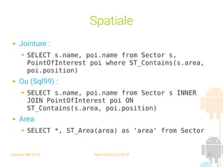 session fev 2016 Yann Caron (c) 2016 57
Spatiale
 Jointure :
➔ SELECT s.name, poi.name from Sector s,
PointOfInterest poi where ST_Contains(s.area,
poi.position)
 Ou (Sql99) :
➔ SELECT s.name, poi.name from Sector s INNER
JOIN PointOfInterest poi ON
ST_Contains(s.area, poi.position)
 Area
➔ SELECT *, ST_Area(area) as 'area' from Sector
 