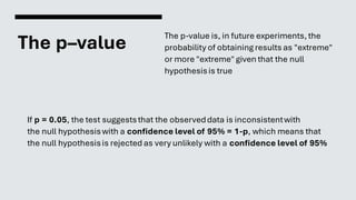 The p–value
The p-value is, in future experiments, the
probability of obtaining results as "extreme"
or more "extreme" given that the null
hypothesisis true
If p = 0.05, the test suggeststhat the observeddata is inconsistentwith
the null hypothesiswith a confidence level of 95% = 1-p, which means that
the null hypothesisis rejected as very unlikely with a confidence level of 95%
 