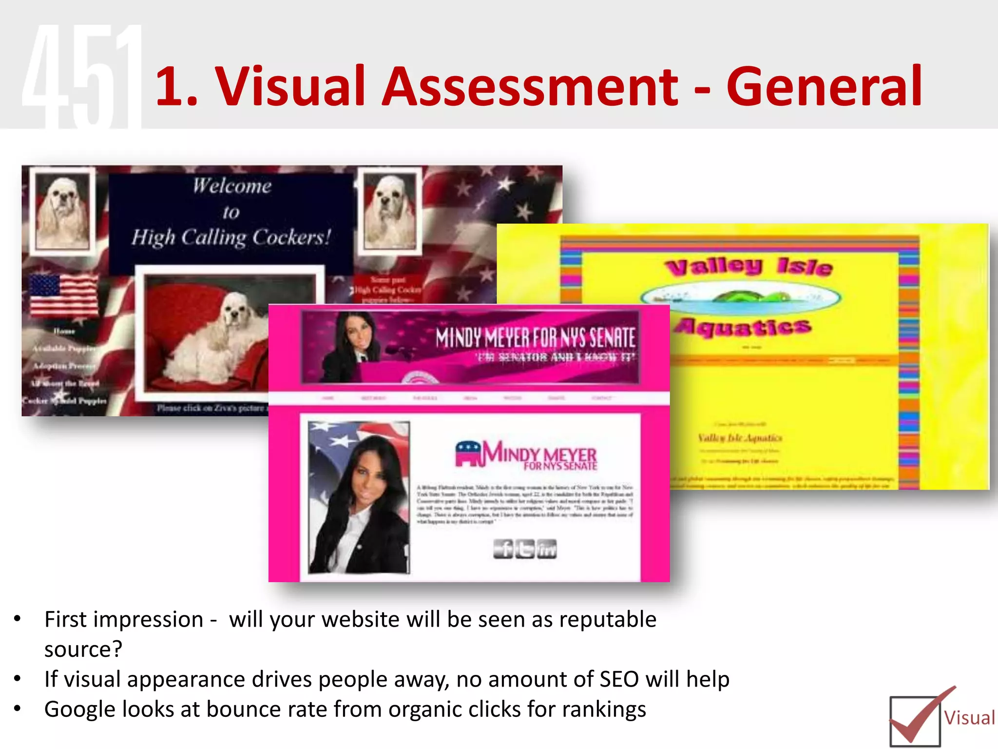 1. Visual Assessment - General
• First impression - will your website will be seen as reputable
source?
• If visual appearance drives people away, no amount of SEO will help
• Google looks at bounce rate from organic clicks for rankings
 