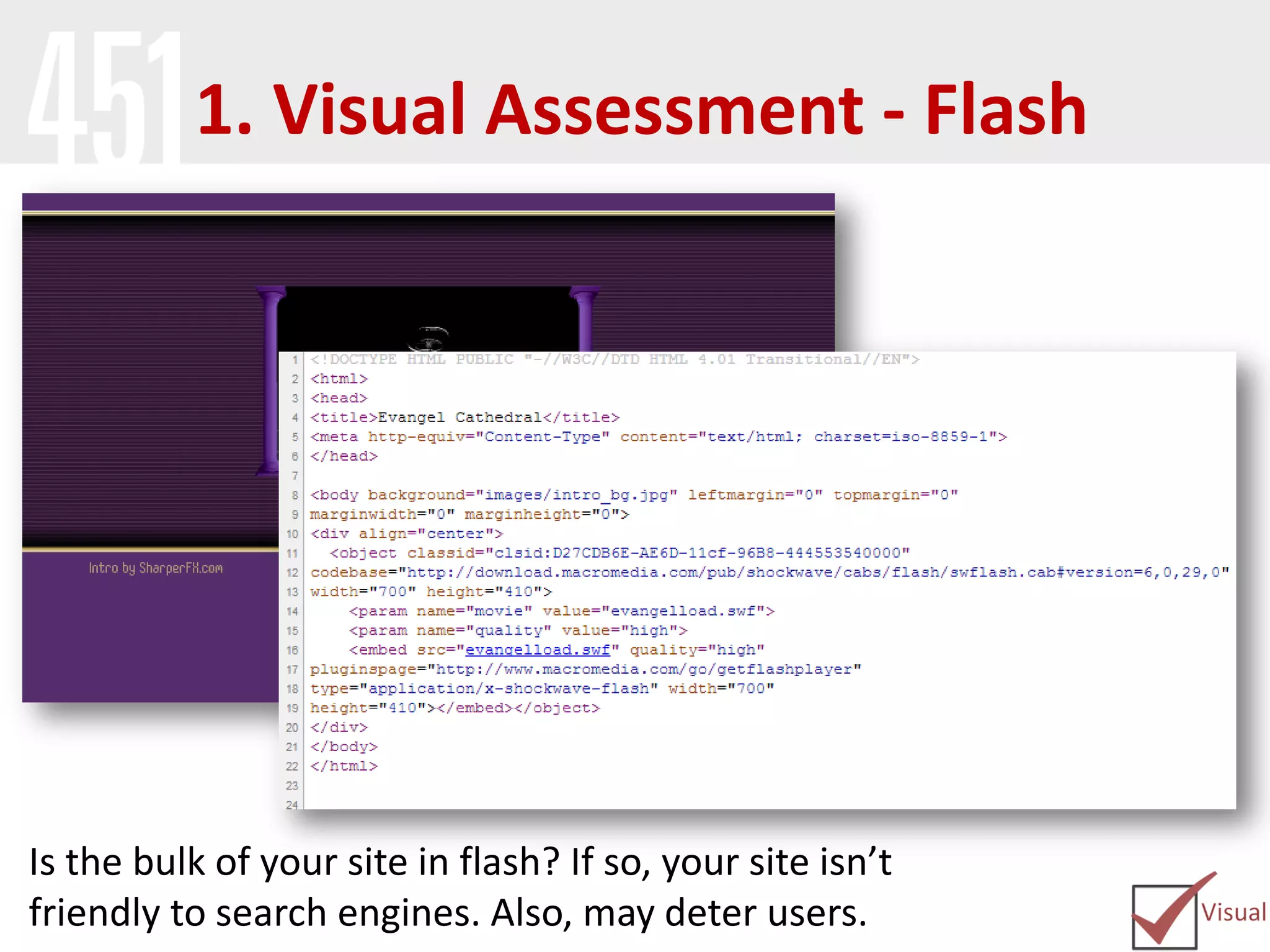 1. Visual Assessment - Flash
Is the bulk of your site in flash? If so, your site isn’t
friendly to search engines. Also, may deter users.
 
