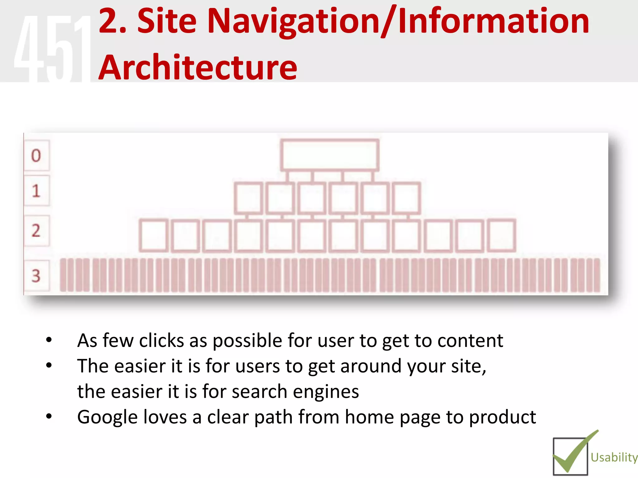 2. Site Navigation/Information
Architecture
• As few clicks as possible for user to get to content
• The easier it is for users to get around your site,
the easier it is for search engines
• Google loves a clear path from home page to product
 