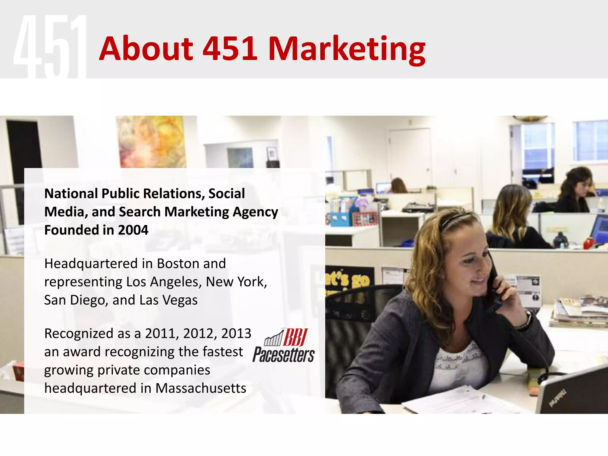 National Public Relations, Social
Media, and Search Marketing Agency
Founded in 2004
Headquartered in Boston and
representing Los Angeles, New York,
San Diego, and Las Vegas
Recognized as a 2011, 2012, 2013
an award recognizing the fastest
growing private companies
headquartered in Massachusetts
About 451 Marketing
 