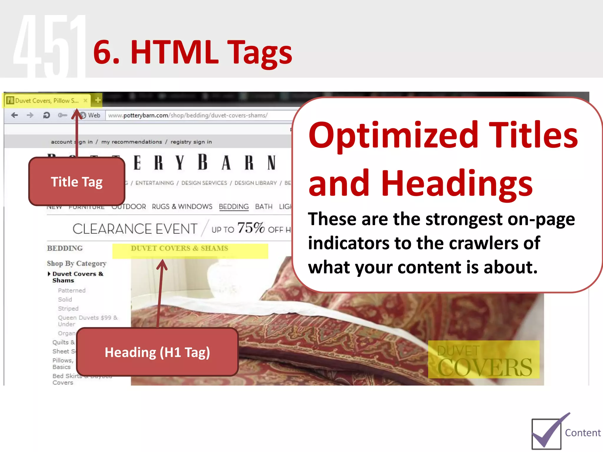 Optimized Titles
and Headings
These are the strongest on-page
indicators to the crawlers of
what your content is about.
Title Tag
Heading (H1 Tag)
6. HTML Tags
 