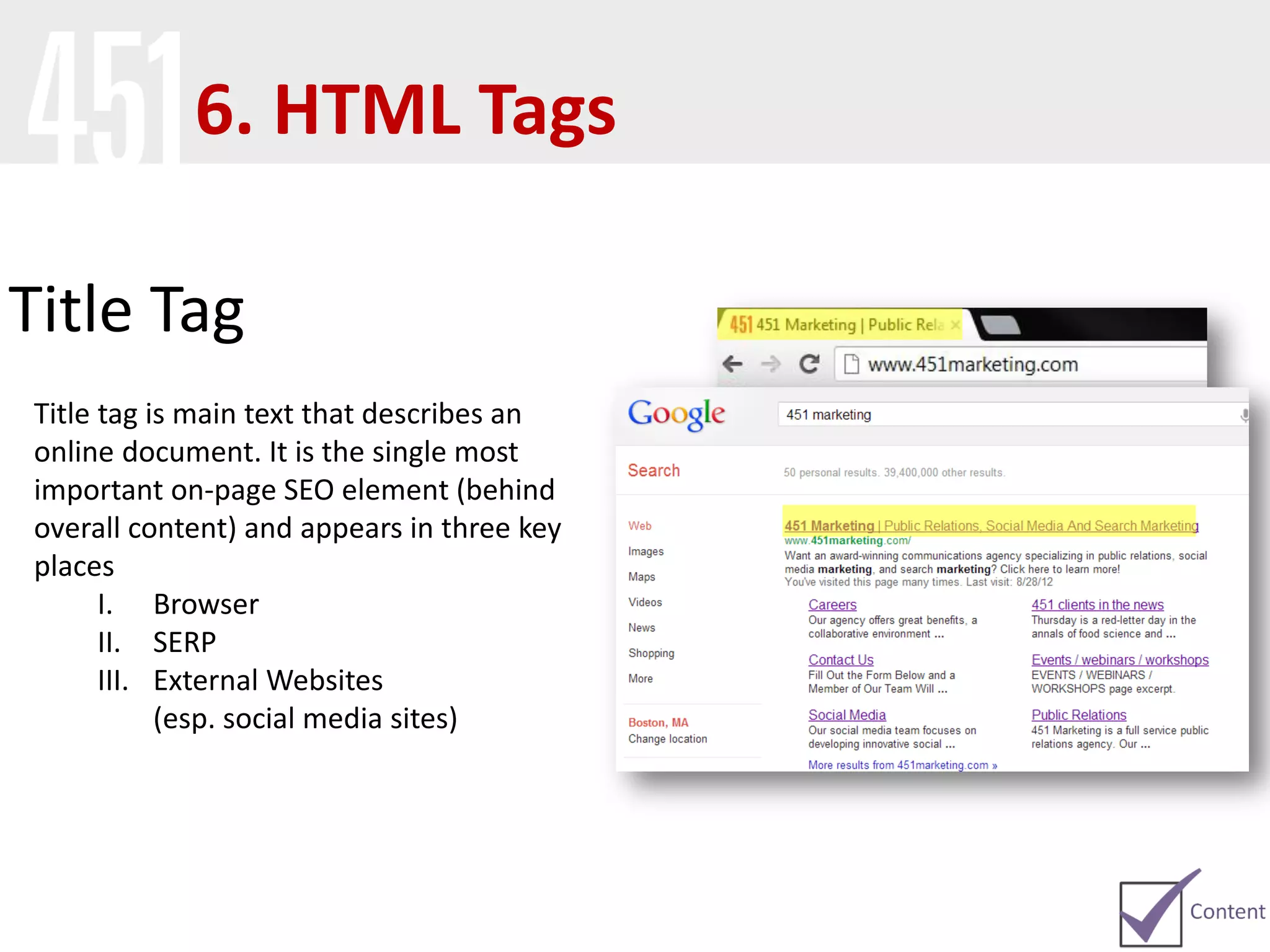 Title Tag
Title tag is main text that describes an
online document. It is the single most
important on-page SEO element (behind
overall content) and appears in three key
places
I. Browser
II. SERP
III. External Websites
(esp. social media sites)
6. HTML Tags
 