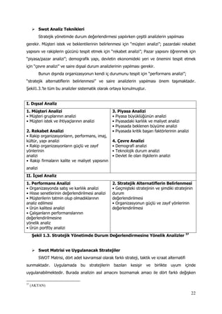 22
 Swot Analiz Teknikleri
Stratejik yönetimde durum değerlendirmesi yapılırken çeşitli analizlerin yapılması
gerekir. Müşteri istek ve beklentilerinin belirlenmesi için “müşteri analizi”; pazardaki rekabet
yapısını ve rakiplerin gücünü tespit etmek için “rekabet analizi”; Pazar yapısını öğrenmek için
“piyasa/pazar analizi”; demografik yapı, devletin ekonomideki yeri ve önemini tespit etmek
için “çevre analizi” ve saire dışsal durum analizlerinin yapılması gerekir.
Bunun dışında organizasyonun kendi iç durumunu tespit için “performans analizi”;
“stratejik alternatiflerin belirlenmesi” ve saire analizlerin yapılması önem taşımaktadır.
Şekil1.3.’te tüm bu analizler sistematik olarak ortaya konulmuştur.
I. Dışsal Analiz
1. Müşteri Analizi
• Müşteri gruplarının analizi
• Müşteri istek ve ihtiyaçlarının analizi
2. Rekabet Analizi
• Rakip organizasyonların, performans, imaj,
kültür, yapı analizi
• Rakip organizasyonların güçlü ve zayıf
yönlerinin
analizi
• Rakip firmaların kalite ve maliyet yapısının
analizi
3. Piyasa Analizi
• Piyasa büyüklüğünün analizi
• Piyasadaki karlılık ve maliyet analizi
• Piyasada beklenen büyüme analizi
• Piyasada kritik başarı faktörlerinin analizi
4. Çevre Analizi
• Demografi analizi
• Teknolojik durum analizi
• Devlet ile olan ilişkilerin analizi
II. İçsel Analiz
1. Performans Analizi
• Organizasyonda satış ve karlılık analizi
• Hisse senetlerinin değerlendirilmesi analizi
• Müşterilerin tatmin olup olmadıklarının
analiz edilmesi
• Ürün kalitesi analizi
• Çalışanların performanslarının
değerlendirilmesine
yönelik analiz
• Ürün portföy analizi
2. Stratejik Alternatiflerin Belirlenmesi
• Geçmişteki stratejinin ve şimdiki stratejinin
durum
değerlendirilmesi
• Organizasyonun güçlü ve zayıf yönlerinin
değerlendirilmesi
Şekil 1.3. Stratejik Yönetimde Durum Değerlendirmesine Yönelik Analizler 37
 Swot Matrisi ve Uygulanacak Stratejiler
SWOT Matrisi, dört adet kavramsal olarak farklı strateji, taktik ve icraat alternatifi
sunmaktadır. Uygulamada bu stratejilerin bazıları kesişir ve birlikte uyum içinde
uygulanabilmektedir. Burada analizin asıl amacını bozmamak amacı ile dört farklı değişken
37
(AKTAN)
 