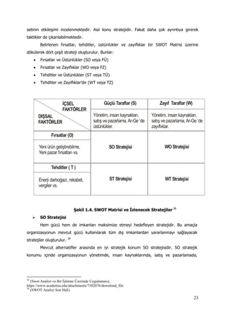 23
setinin etkileşimi incelenmektedir. Asıl konu stratejidir. Fakat daha çok ayrıntıya girerek
taktikler de çıkarılabilmektedir.
Belirlenen fırsatlar, tehditler, üstünlükler ve zayıflıklar bir SWOT Matrisi üzerine
dökülerek dört çeşit strateji oluşturulur. Bunlar:
 Fırsatlar ve Üstünlükler (SO veya FÜ)
 Fırsatlar ve Zayıflıklar (WO veya FZ)
 Tehditler ve Üstünlükler (ST veya TÜ)
 Tehditler ve Zayıflıklar’dır (WT veya TZ)
İÇSEL
FAKTÖRLER
DIŞSAL
FAKTÖRLER
Fırsatlar (O)
Tehditler ( T )
Yeni ürün geliştirebilme,
Yeni pazar fırsatları vs.
Enerji darboğazı, rekabet,
vergiler vs.
Güçlü Taraflar (S) Zayıf Taraflar (W)
Yönetim, insan kaynakları,
satış ve pazarlama, Ar-Ge ‘de
üstünlükler.
Yönetim, insan kaynakları,
satış ve pazarlama, Ar-Ge ‘de
zayıflıklar.
SO Stratejisi WO Stratejisi
ST Stratejisi WT Stratejisi
Şekil 1.4. SWOT Matrisi ve İzlenecek Stratejiler 38
 SO Stratejisi
Hem gücü hem de imkanları maksimize etmeyi hedefleyen stratejidir. Bu amaçla
organizasyonun mevcut gücü kullanılarak tüm dış imkanlardan yararlanmayı sağlayacak
stratejiler oluşturulur. 39
Mevcut alternatifler arasında en iyi stratejik konum SO stratejisidir. SO stratejik
konumu içinde organizasyonun yönetimde, insan kaynaklarında, satış ve pazarlamada,
38
(Swot Analizi ve Bir İşletme Üzerinde Uygulaması),
https://www.academia.edu/attachments/7382076/download_file
39
(SWOT Analizi Son Hali)
 