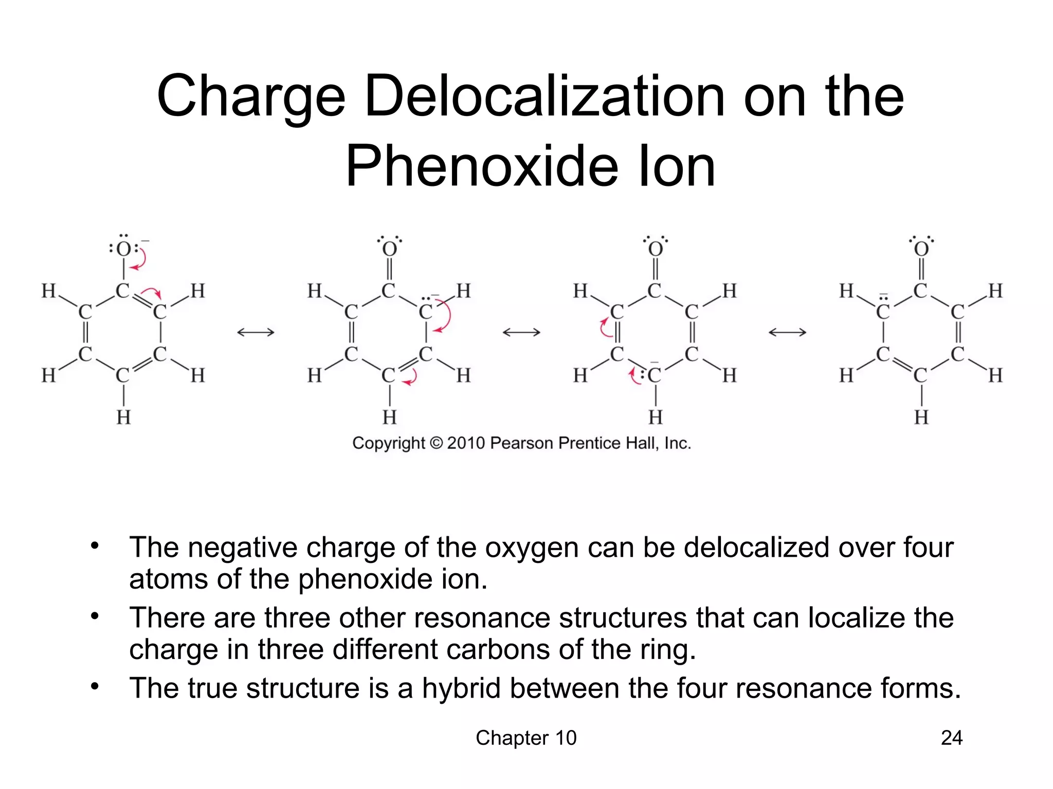 Chapter 10 24
Charge Delocalization on the
Phenoxide Ion
• The negative charge of the oxygen can be delocalized over four
atoms of the phenoxide ion.
• There are three other resonance structures that can localize the
charge in three different carbons of the ring.
• The true structure is a hybrid between the four resonance forms.
 