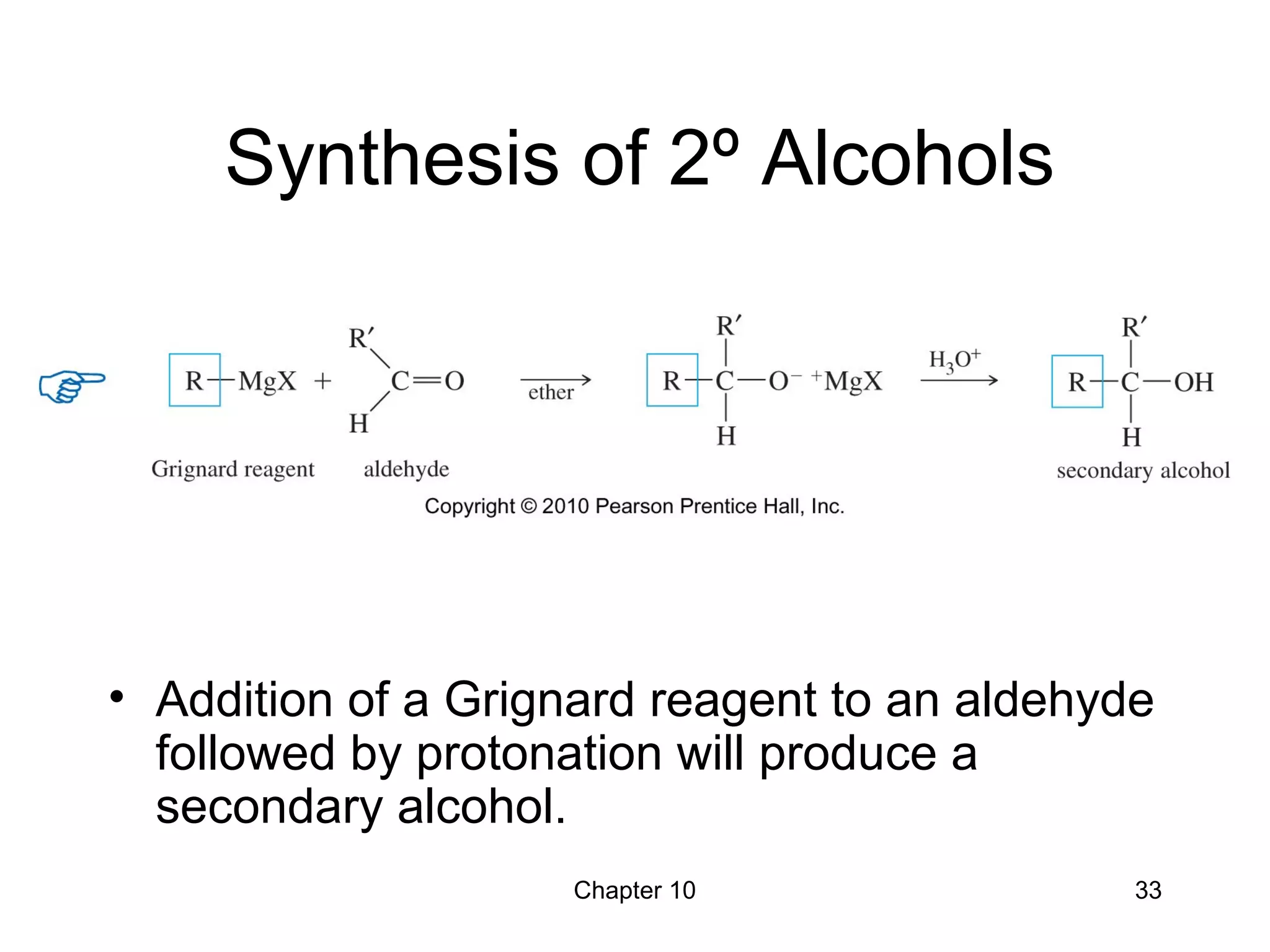 Chapter 10 33
Synthesis of 2º Alcohols
• Addition of a Grignard reagent to an aldehyde
followed by protonation will produce a
secondary alcohol.
 