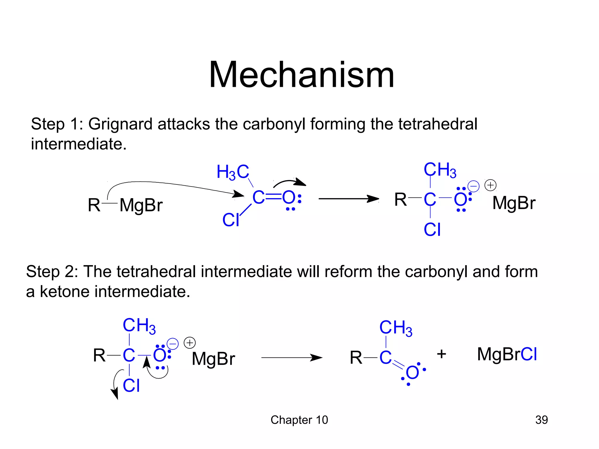 Chapter 10 39
Mechanism
C
CH3
Cl
OR MgBr C
CH3
R
O
+ MgBrCl
C O
Cl
H3C
MgBrR MgBr C
CH3
Cl
OR
Step 1: Grignard attacks the carbonyl forming the tetrahedral
intermediate.
Step 2: The tetrahedral intermediate will reform the carbonyl and form
a ketone intermediate.
 