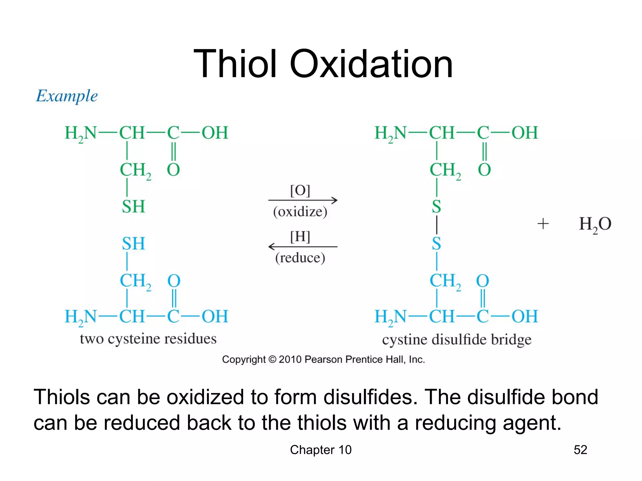 Chapter 10 52
Thiol Oxidation
Thiols can be oxidized to form disulfides. The disulfide bond
can be reduced back to the thiols with a reducing agent.
 