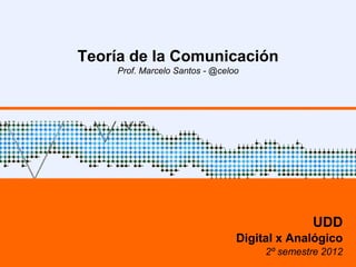Teoría de la Comunicación
    Prof. Marcelo Santos - @celoo




                                              UDD
                                Digital x Analógico
                                     2º semestre 2012
 