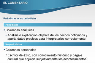 EL COMENTARIO Columnas analíticas Análisis o explicación objetiva de los hechos noticiados y aporta datos precisos para interpretarlos correctamente. Periodistas Periodistas vs no periodistas No periodistas Columnas personales Escritor de éxito, con conocimiento histórico y bagaje cultural que enjuicia subjetivamente los acontecimientos. 
