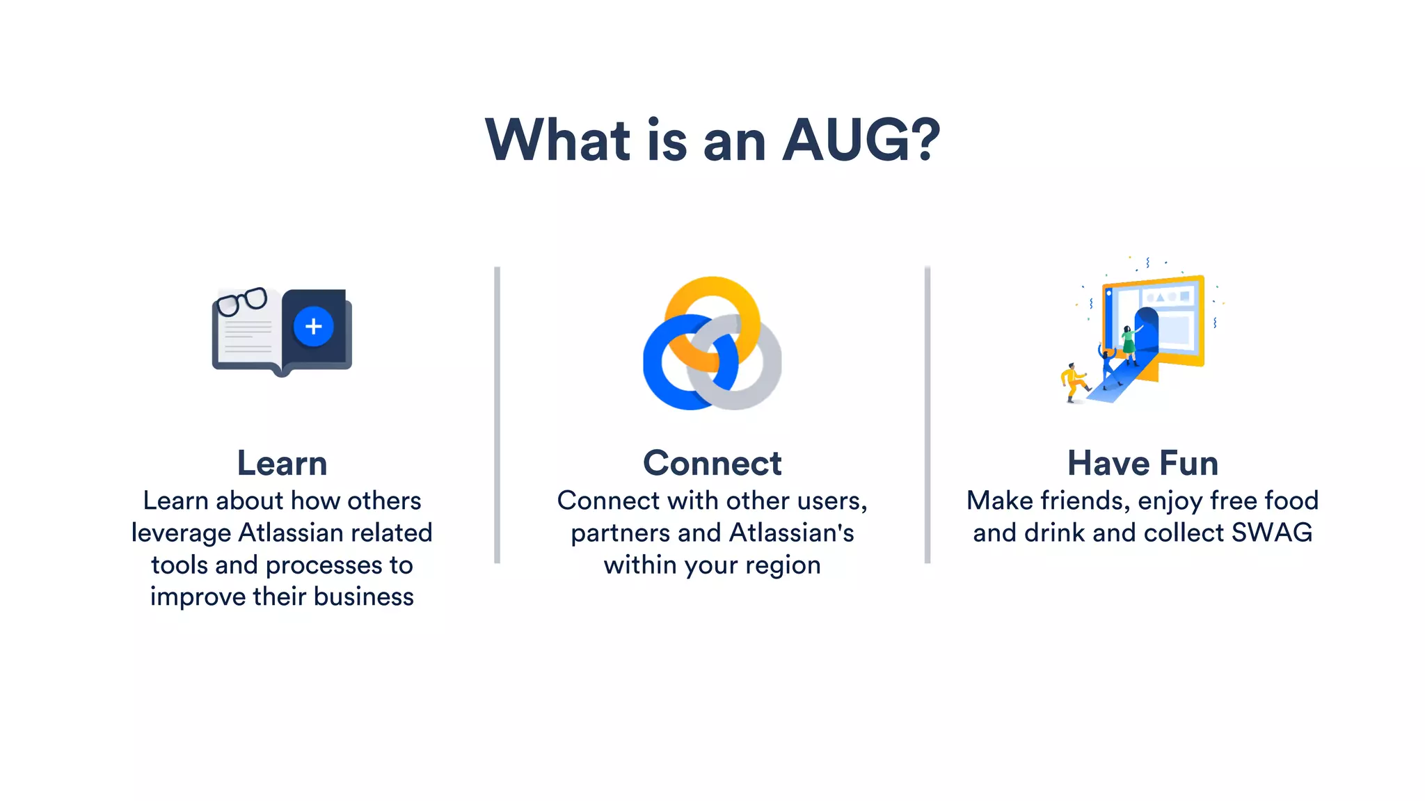 What is an AUG?
Connect Have FunLearn
Connect with other users,
partners and Atlassian's
within your region
Make friends, enjoy free food
and drink and collect SWAG
Learn about how others
leverage Atlassian related
tools and processes to
improve their business
 