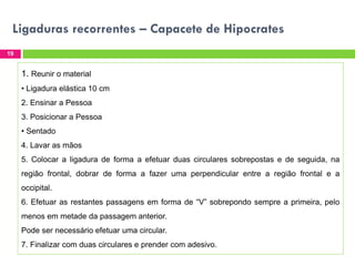 Ligaduras recorrentes – Capacete de Hipocrates
19

1. Reunir o material
• Ligadura elástica 10 cm
2. Ensinar a Pessoa
3. Posicionar a Pessoa
• Sentado
4. Lavar as mãos
5. Colocar a ligadura de forma a efetuar duas circulares sobrepostas e de seguida, na
região frontal, dobrar de forma a fazer uma perpendicular entre a região frontal e a
occipital.
6. Efetuar as restantes passagens em forma de “V” sobrepondo sempre a primeira, pelo

menos em metade da passagem anterior.
Pode ser necessário efetuar uma circular.
7. Finalizar com duas circulares e prender com adesivo.

 