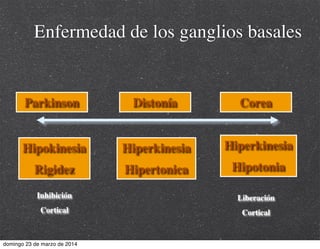Enfermedad de los ganglios basales
Parkinson CoreaDistonía
Hipokinesia
Rigidez
Hiperkinesia
Hipotonia
Hiperkinesia
Hipertonica
Inhibición
Cortical
Liberación
Cortical
domingo 23 de marzo de 2014
 
