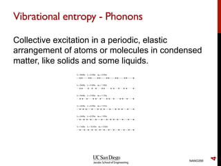 Vibrational entropy - Phonons
Collective excitation in a periodic, elastic
arrangement of atoms or molecules in condensed
matter, like solids and some liquids.
NANO266
4
 
