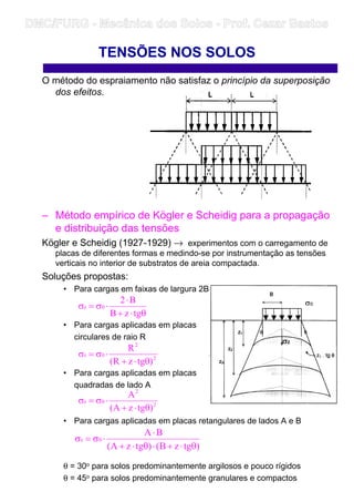 TENSÕES NOS SOLOS
O método do espraiamento não satisfaz o princípio da superposição
dos efeitos.
– Método empírico de Kögler e Scheidig para a propagação
e distribuição das tensões
Kögler e Scheidig (1927-1929) → experimentos com o carregamento de
placas de diferentes formas e medindo-se por instrumentação as tensões
verticais no interior de substratos de areia compactada.
Soluções propostas:
• Para cargas em faixas de largura 2B
• Para cargas aplicadas em placas
circulares de raio R
• Para cargas aplicadas em placas
quadradas de lado A
• Para cargas aplicadas em placas retangulares de lados A e B
θ = 30o para solos predominantemente argilosos e pouco rígidos
θ = 45o para solos predominantemente granulares e compactos
θ⋅+
⋅
⋅σ=σ
tgzB
B2
0z
2
2
0z
)tgzR(
R
θ⋅+
⋅σ=σ
2
2
0z
)tgzA(
A
θ⋅+
⋅σ=σ
)tgzB()tgzA(
BA
0z
θ⋅+⋅θ⋅+
⋅
⋅σ=σ
DMC/FURG - Mecânica dos Solos - Prof. Cezar Bastos
 