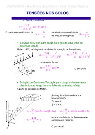 – Tensão cisalhante
O coeficiente de Poisson → se relaciona ao coeficiente
de empuxo no repouso
• Solução de Melan para carga ao longo de uma linha de
extensão infinita
Melan (1932) → integração em linha da equação de Boussinesq
ou de outra forma
Q em kN/m
• Solução de Carothers-Terzaghi para carga uniformemente
distribuída ao longo de uma faixa de extensão infinita
A partir da equação de Melan.
β = ângulo entre a vertical e a
bissetriz de 2α
2α =ψ - θ
β = θ + α
onde ν: coeficiente de Poisson e α é
expresso em radianos
Q em kN/m2
TENSÕES NOS SOLOS
θ⋅θ⋅
⋅π⋅
⋅
=τ sencos
z2
P3 4
2
z
x
ε
ε
−=ν
ν−
ν
=
1
K0
222
3
z
)xz(
zQ2
+
⋅
π
⋅
=σ 222
2
x
)xz(
zxQ2
+
⋅
⋅
π
⋅
=σ
θ⋅
⋅π
⋅
=σ 4
z cos
z
Q2
)22cos2(sen
Q
z α+β⋅α⋅
π
=σ )22cos2sen(
Q
x α+β⋅α−⋅
π
=σ
α⋅ν⋅
π
⋅
=σ
Q4
y
DMC/FURG - Mecânica dos Solos - Prof. Cezar Bastos
 