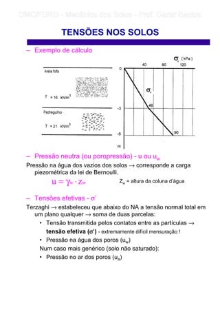 TENSÕES NOS SOLOS
– Exemplo de cálculo
– Pressão neutra (ou poropressão) - u ou uw
Pressão na água dos vazios dos solos → corresponde a carga
piezométrica da lei de Bernoulli.
Zw = altura da coluna d’água
– Tensões efetivas - σ’
Terzaghi → estabeleceu que abaixo do NA a tensão normal total em
um plano qualquer → soma de duas parcelas:
• Tensão transmitida pelos contatos entre as partículas →
tensão efetiva (σσσσ’) - extremamente difícil mensuração !
• Pressão na água dos poros (uw)
Num caso mais genérico (solo não saturado):
• Pressão no ar dos poros (ua)
ww zu ⋅γ=
	
	 