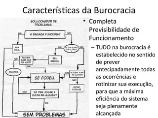 Características da Burocracia
               • Completa
                 Previsibilidade de
                 Funcionamento
                 – TUDO na burocracia é
                   estabelecido no sentido
                   de prever
                   antecipadamente todas
                   as ocorrências e
                   rotinizar sua execução,
                   para que a máxima
                   eficiência do sistema
                   seja plenamente
                   alcançada
 