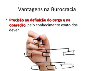 Vantagens na Burocracia
• Precisão na definição do cargo e na
  operação, pelo conhecimento exato dos
  operação
  deveres
 