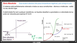 Prof.: Vanessa
𝒑. 𝑽
𝑻
= 𝒄𝒕𝒆.
A eletricidade flui sem qualquer resistência, os líquidos desafiam a gravidade e a velocidade da luz
pode ser reduzida para apenas 61 km/h
O sistema está perfeitamente ordenado e todos os seus constituintes - átomos e moléculas - estão
no seu devido lugar
Zero Absoluto Essa escala é absoluta (não possui temperaturas negativas), pois começa no zero
 