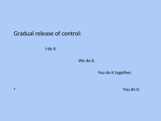 Gradual release of control:
I do it.
We do it.
You do it together.
• You do it.
 