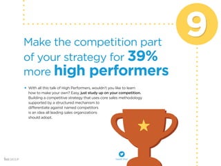 9 Make the competition part 
With all this talk of High Performers, wouldn’t you like to learn 
how to make your own? Easy, just study up on your competition. 
Building a competitive strategy that uses core sales methodology 
supported by a structured mechanism to 
differentiate against named competitors 
is an idea all leading sales organizations 
should adopt. 
of your strategy for 39% 
more high performers 
tweet this! 
 