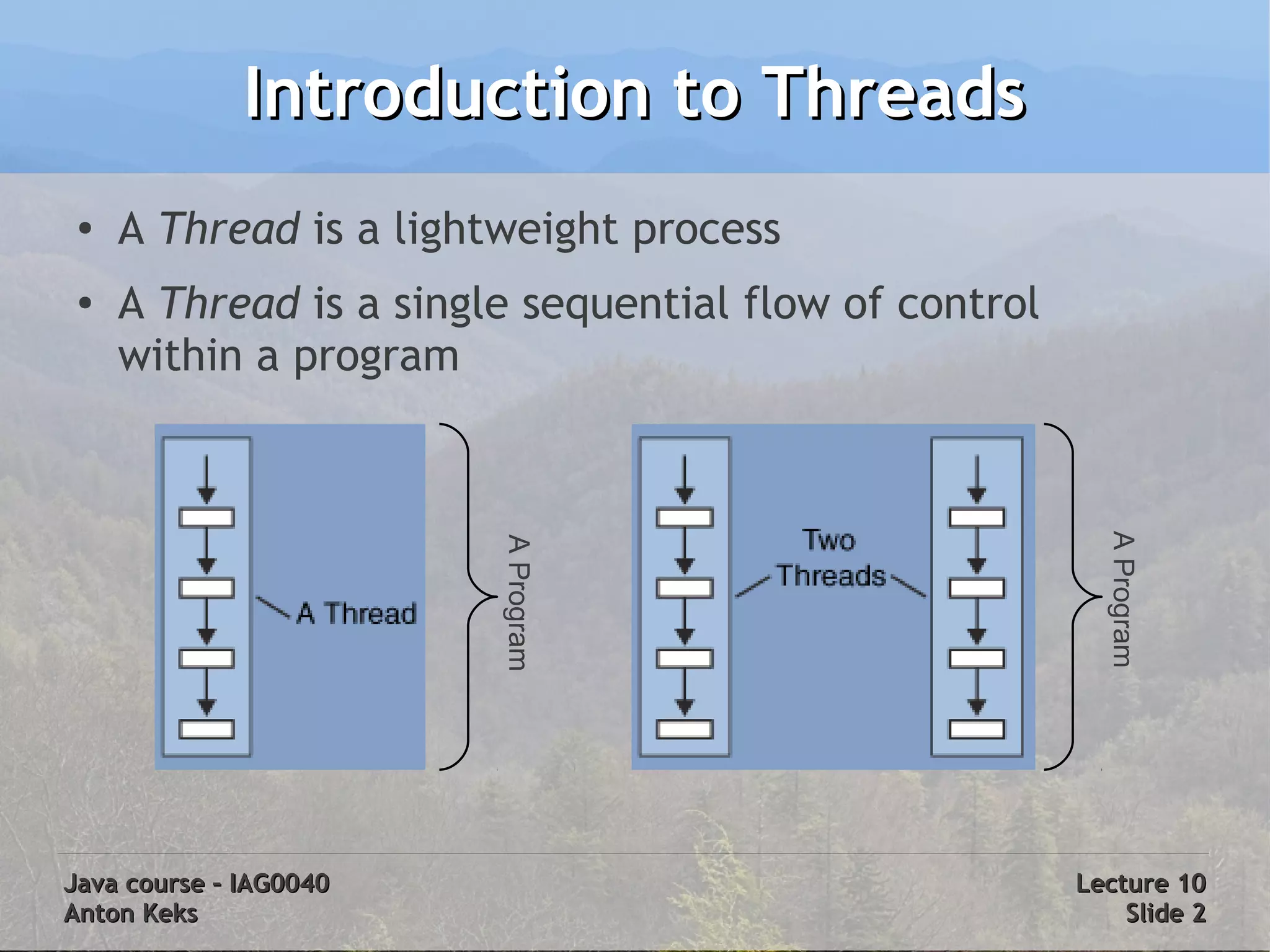 Introduction to Threads
 ●
     A Thread is a lightweight process
 ●
     A Thread is a single sequential flow of control
     within a program




                                                         A Program
                        A Program




Java course – IAG0040                                  Lecture 10
Anton Keks                                                 Slide 2
 