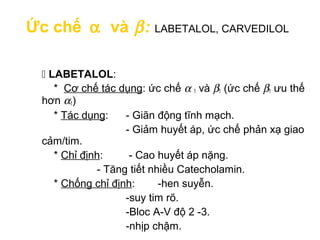 CARVEDILOL:
-ức chế α 1 và β1 mạnh hơn Labetalol và bằng
Propranolol, tg tác dụng dài >Labetalol và
Propranolol.
Trên thự...