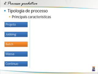 2 Processo produtivo
 Tipologia de processo
    Principais características
 Projeto

 Jobbing

 Batch

 Massa

 Contínuo
 