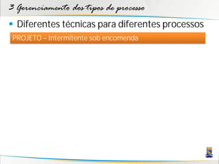 3 Gerenciamento dos tipos de processo
 Diferentes técnicas para diferentes processos
 PROJETO – Intermitente sob encomenda
 