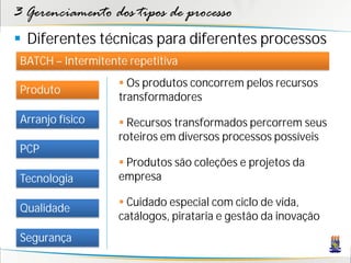 3 Gerenciamento dos tipos de processo
 Diferentes técnicas para diferentes processos
 BATCH – Intermitente repetitiva
                     Os produtos concorrem pelos recursos
 Produto
                    transformadores
 Arranjo físico      Recursos transformados percorrem seus
                    roteiros em diversos processos possíveis
 PCP
                     Produtos são coleções e projetos da
 Tecnologia         empresa

                     Cuidado especial com ciclo de vida,
 Qualidade
                    catálogos, pirataria e gestão da inovação
 Segurança
 
