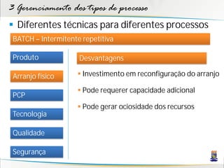 3 Gerenciamento dos tipos de processo
 Diferentes técnicas para diferentes processos
 BATCH – Intermitente repetitiva

 Produto             Desvantagens

 Arranjo físico      Investimento em reconfiguração do arranjo

                     Pode requerer capacidade adicional
 PCP
                     Pode gerar ociosidade dos recursos
 Tecnologia

 Qualidade

 Segurança
 