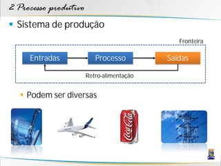2 Processo produtivo
 Sistema de produção
                                              Fronteira

     Entradas             Processo         Saídas

                       Retro-alimentação


   Podem ser diversas
 