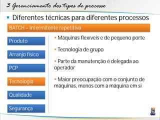 3 Gerenciamento dos tipos de processo
 Diferentes técnicas para diferentes processos
 BATCH – Intermitente repetitiva
                     Máquinas flexíveis e de pequeno porte
 Produto
                     Tecnologia de grupo
 Arranjo físico
                     Parte da manutenção é delegada ao
 PCP                operador

 Tecnologia          Maior preocupação com o conjunto de
                    máquinas, menos com a máquina em si
 Qualidade

 Segurança
 