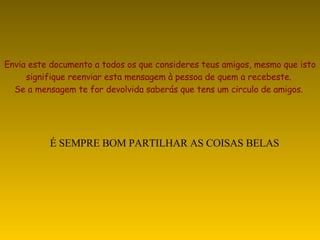 Envia este documento a todos os que consideres teus amigos, mesmo que isto signifique reenviar esta mensagem à pessoa de quem a recebeste.  Se a mensagem te for devolvida saberás que tens um circulo de amigos.   É SEMPRE BOM PARTILHAR AS COISAS BELAS 