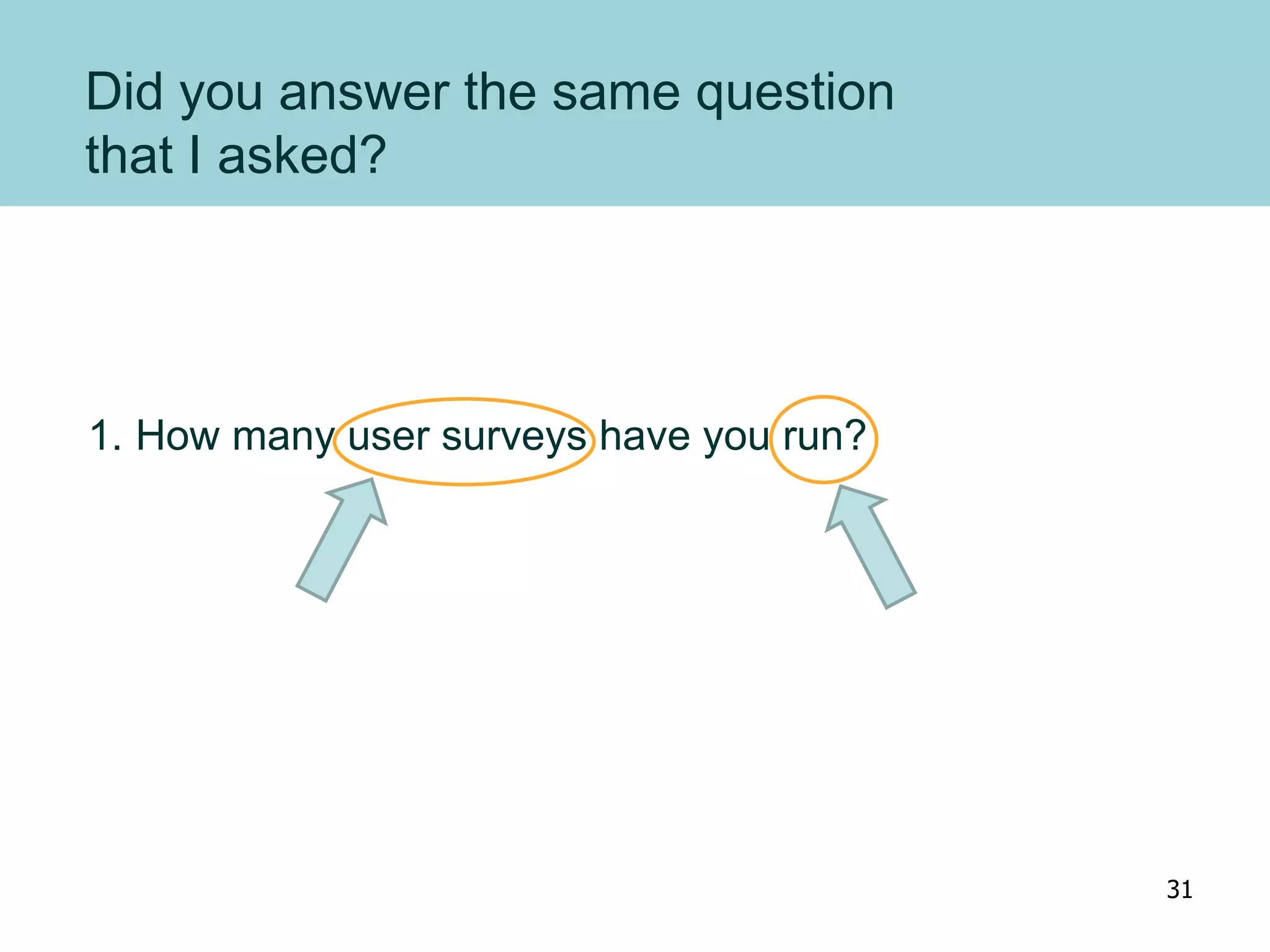 Did you answer the same question
that I asked?
1. How many user surveys have you run?
31
 