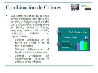 Combinación de Colores Las combinaciones de colores están formadas por los ocho colores utilizados en el diseño de la diapositiva, colores para el fondo, texto y líneas, sombras, texto de título, rellenos, énfasis e hipervínculos.  Colores utilizados en el texto de título y en el texto principal  Colores utilizados en el fondo, rellenos y sombras  Colores utilizados en hipervínculos, rellenos y énfasis como viñetas 