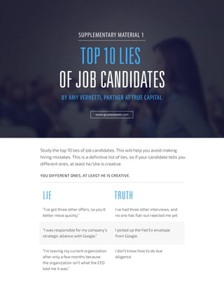 TOP10LIES
OFJOBCANDIDATES
www.guykawasaki.com
SUPPLEMENTARY MATERIAL 1
BY AMY VERNETTI, PARTNER AT TRUE CAPITAL
YOU DIFFERENT ONES, AT LEAST HE IS CREATIVE.
Study the top 10 lies of job candidates. This will help you avoid making
hiring mistakes. This is a definitive list of lies, so if your candidate tells you
different ones, at least he/she is creative.
LIE TRUTH
“I’ve got three other offers, so you’d
better move quickly.”
“I was responsible for my company’s
strategic alliance with Google.”
I’ve had three other interviews, and
no one has flat-out rejected me yet.
I picked up the Fed Ex envelope
from Google.
“I’m leaving my current organization
after only a few months because
the organization isn’t what the CEO
told me it was.”
I don’t know how to do due
diligence.
 