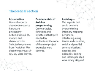 Theoretical section
Introduction
General aspects
about open-source
hardware
philosophy,
Arduino’s make of,
models and
characteristics.
Selected sequences
from “Arduino: The
documentary (2010)”
(CC-SA) were played.
Fundamentals of
Arduino
programming
Only variables,
functions and
structures that were
needed to
understand the code
of the mini-project
examples were
covered.
Avoiding…
The aspects that
could be more
overwhelming
(memory mapping,
peripheral
interfacing, using
timers and counters,
serial and parallel
communications,
opcodes and
operands, polling
and interrupts, etc.)
were safely skipped!
 