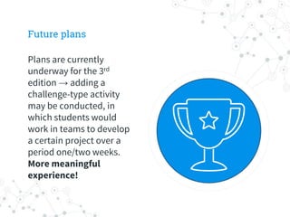 Future plans
Plans are currently
underway for the 3rd
edition → adding a
challenge-type activity
may be conducted, in
which students would
work in teams to develop
a certain project over a
period one/two weeks.
More meaningful
experience!
 
