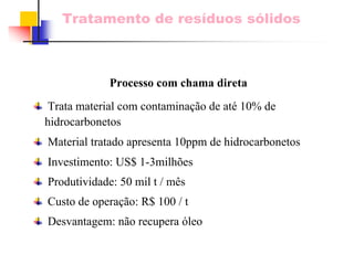 Tratamento de resíduos sólidos 
Processo com chama diretaTrata material com contaminação de até 10% de hidrocarbonetosMaterial tratado apresenta 10ppm de hidrocarbonetos Investimento: US$ 1-3milhõesProdutividade: 50 mil t / mêsCusto de operação: R$ 100 / tDesvantagem: não recupera óleo  