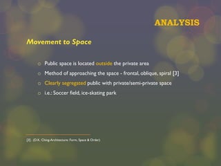 ANALYSIS
Movement to Space
o Public space is located outside the private area
o Method of approaching the space - frontal, oblique, spiral [3]
o Clearly segregated public with private/semi-private space
o i.e.: Soccer field, ice-skating park

[3] . (D.K. Ching-Architecture: Form, Space & Order)

 