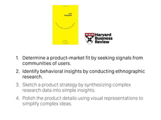 1. Determine a product-market fit by seeking signals from
communities of users.
2. Identify behavioral insights by conducting ethnographic
research.
3. Sketch a product strategy by synthesizing complex
research data into simple insights.
4. Polish the product details using visual representations to
simplify complex ideas.
 