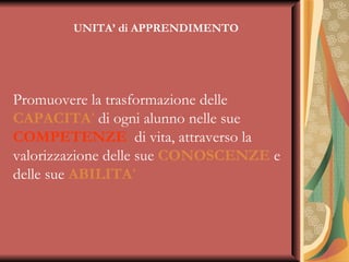 Promuovere la trasformazione delle  CAPACITA ’  di ogni alunno nelle sue  COMPETENZE   di vita, attraverso la valorizzazione delle sue  CONOSCENZE  e delle sue  ABILITA ’ UNITA’ di APPRENDIMENTO 